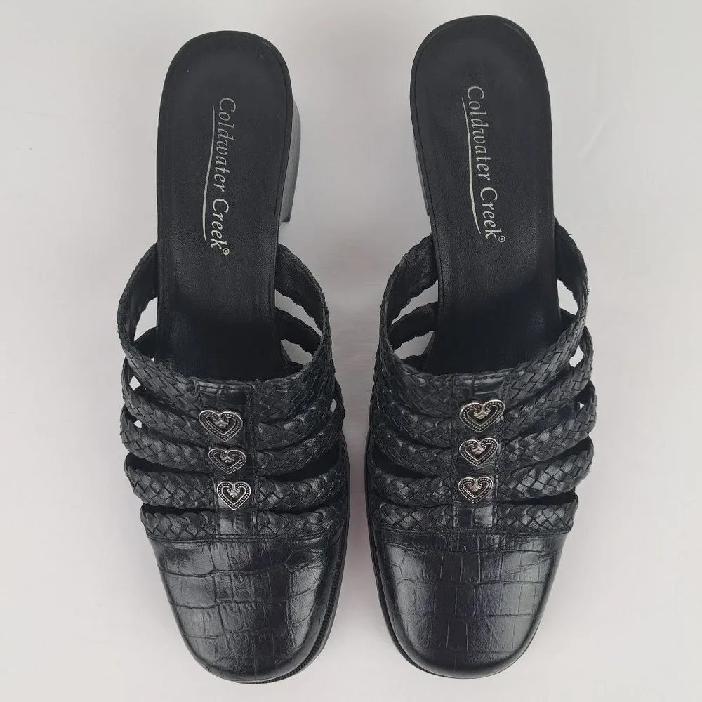 Coldwater Creek Black Leather Braided Moc Croc Mules Size 8 - Picture 2 of 15